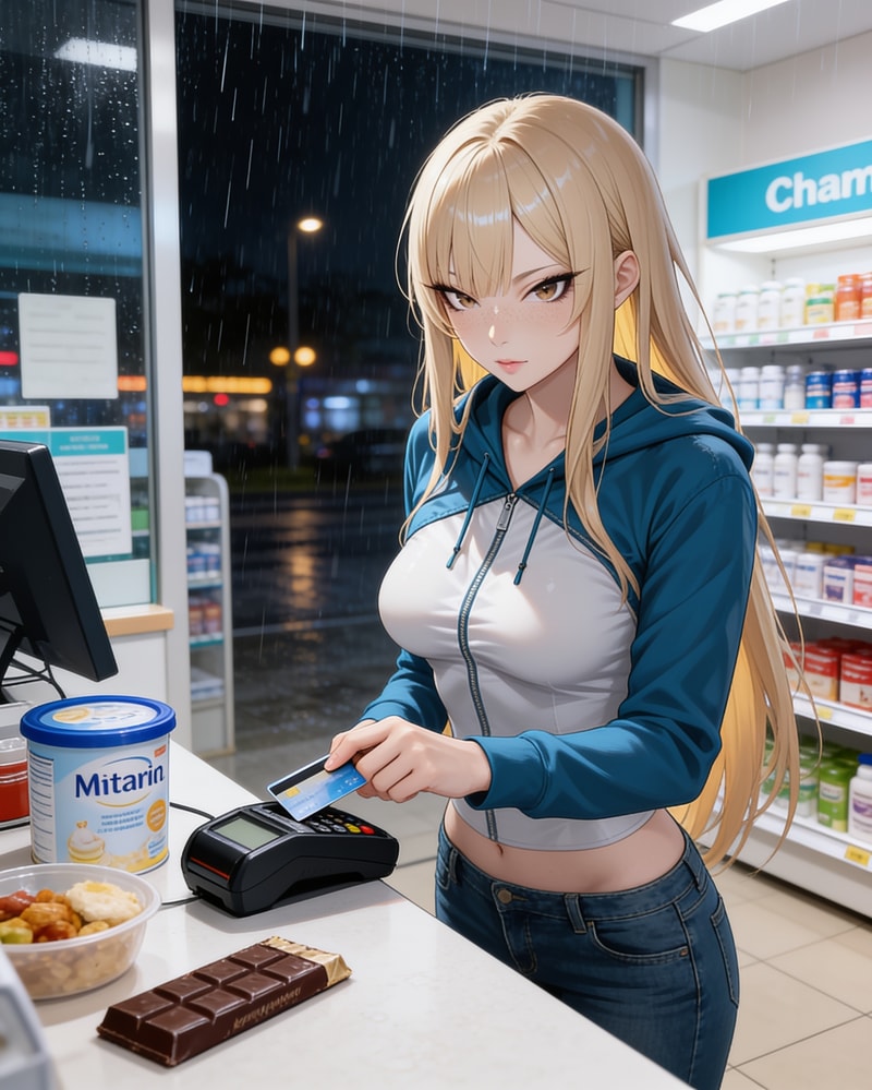 Blonde cashier processing payment at night