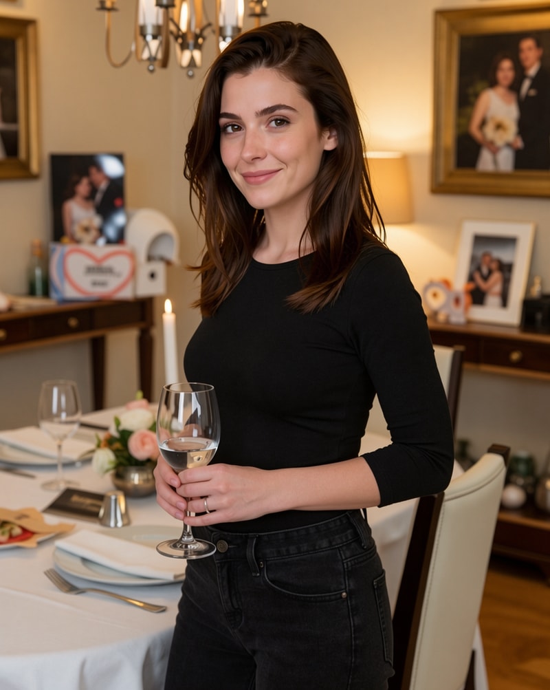 Woman holding wine in dining room