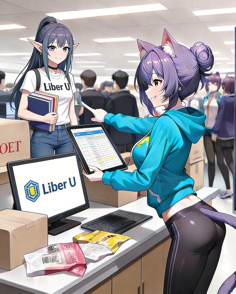 Cat girls at library checkout