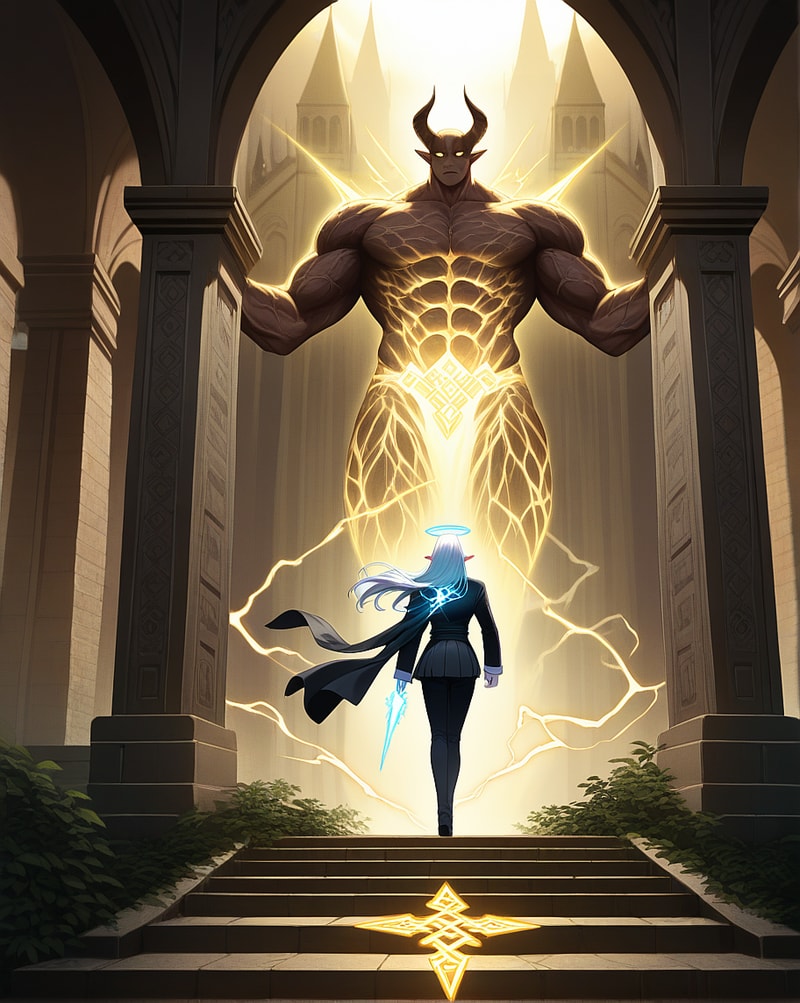 Blue-haired woman facing golden demon in archway