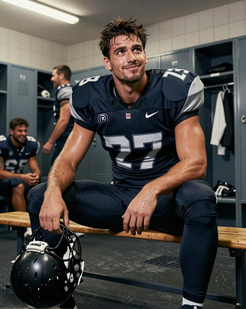 Football player in locker room