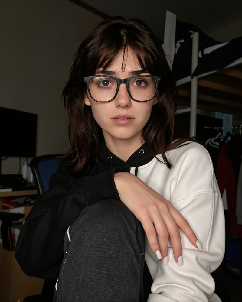 Woman in glasses and hoodie sitting indoors