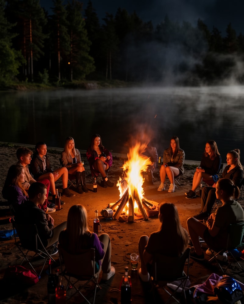 Group around campfire by lake at night