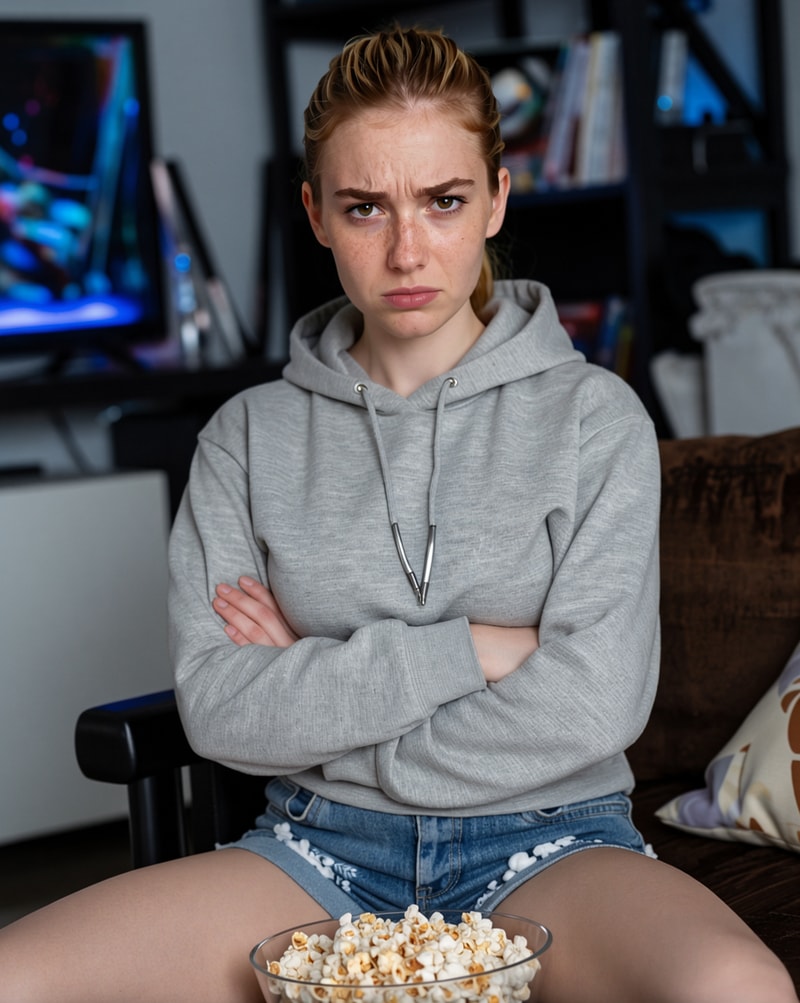 Serious woman with popcorn and crossed arms