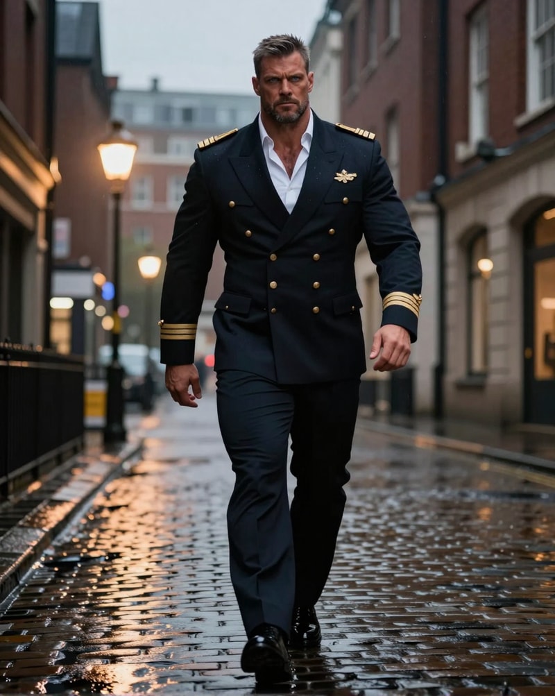 Naval officer walking on wet cobblestone street