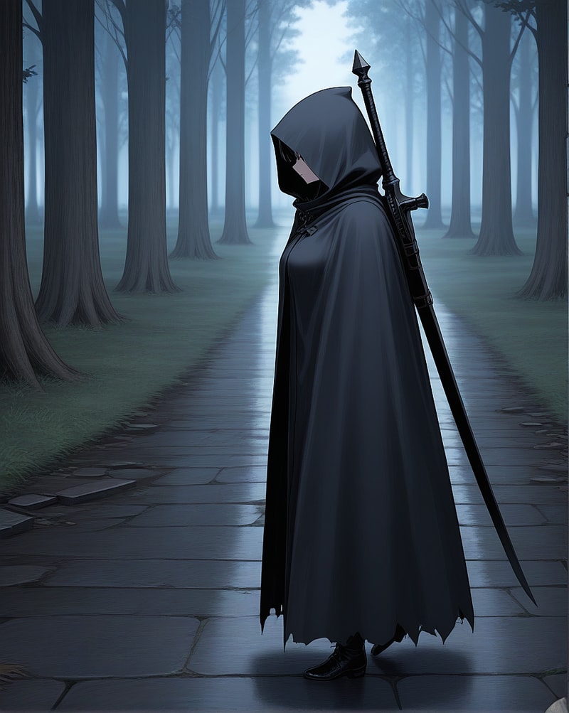 Hooded warrior in misty forest