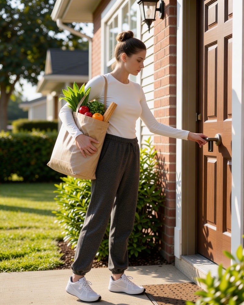 Woman with groceries at front door