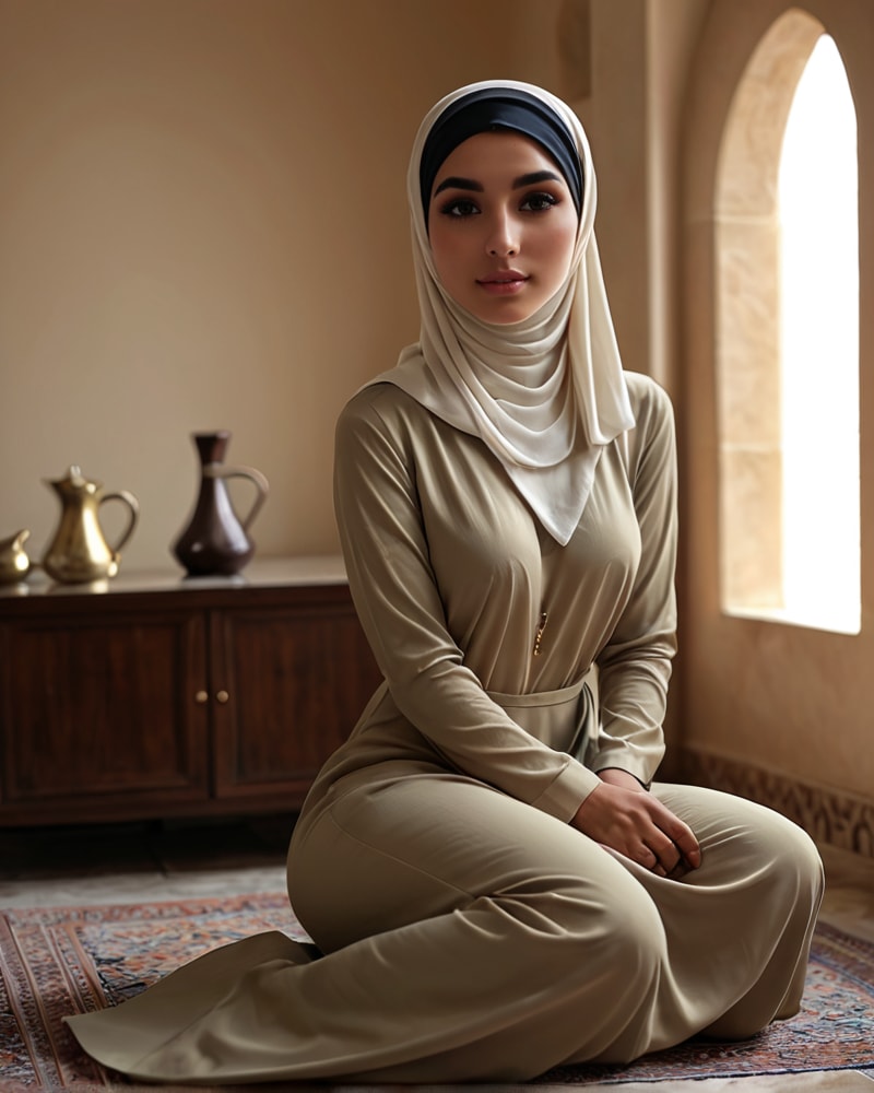 Woman in hijab kneeling on rug