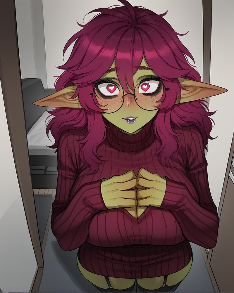 Goblin woman in maroon turtleneck
