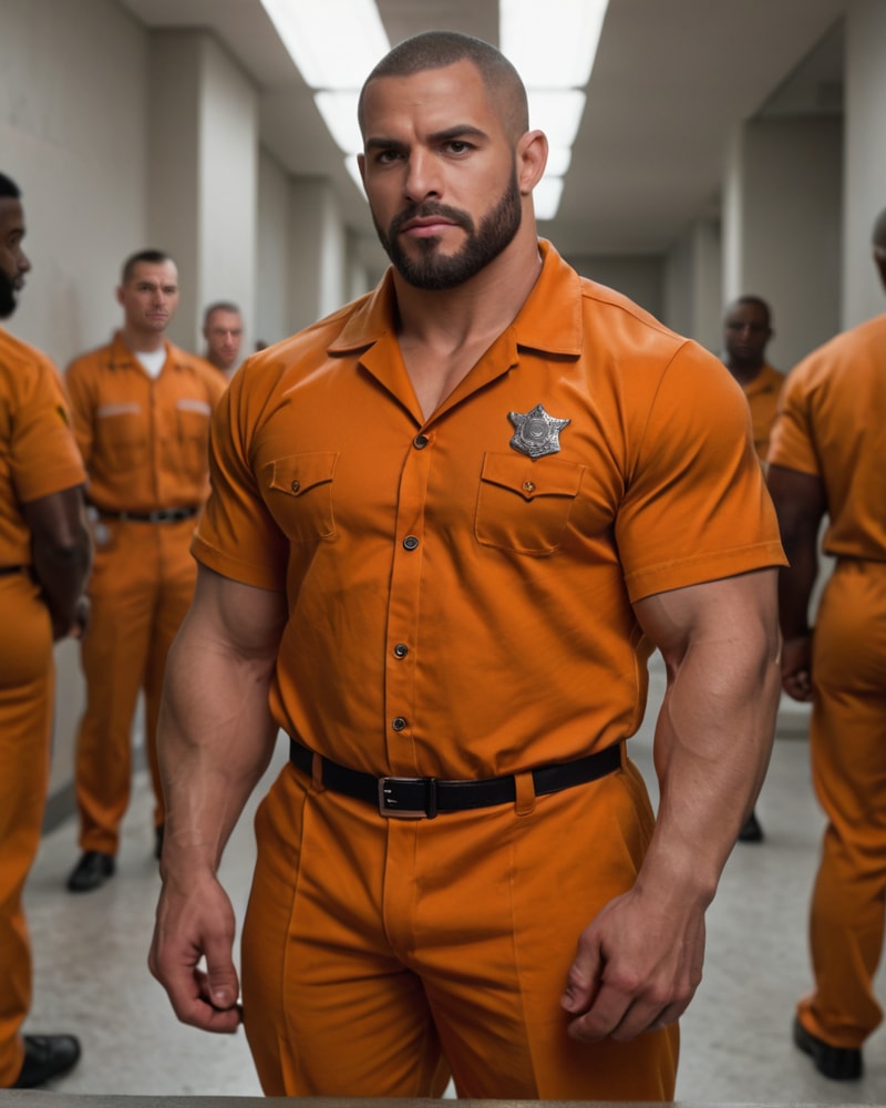 Muscular man in orange prison uniform