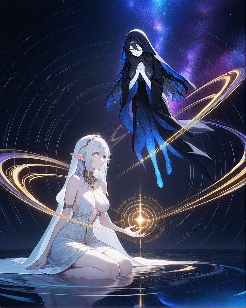 Elven woman kneeling in water with cosmic figure