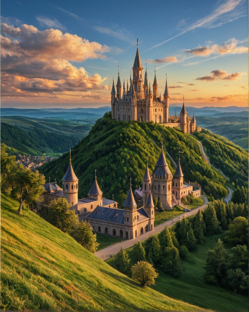 Medieval castle on a green hill at sunset