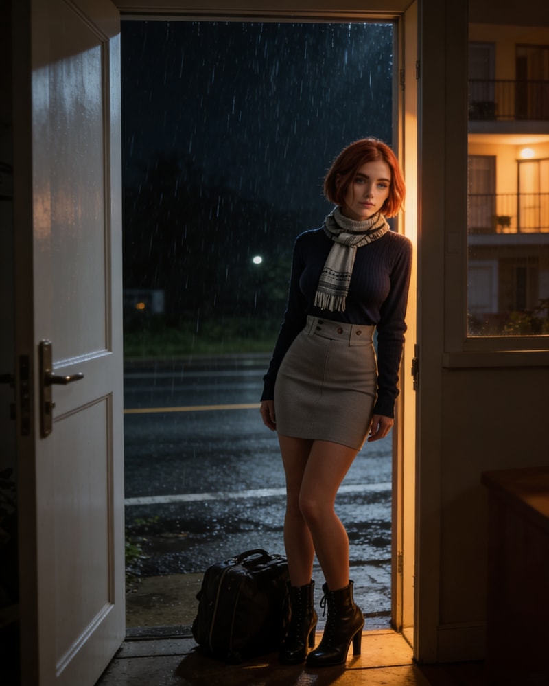 Redhead in doorway on rainy night