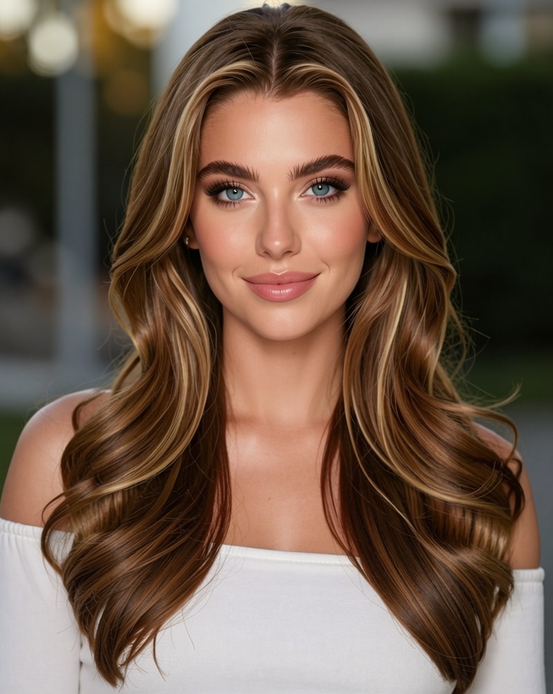Woman with long wavy hair in white top