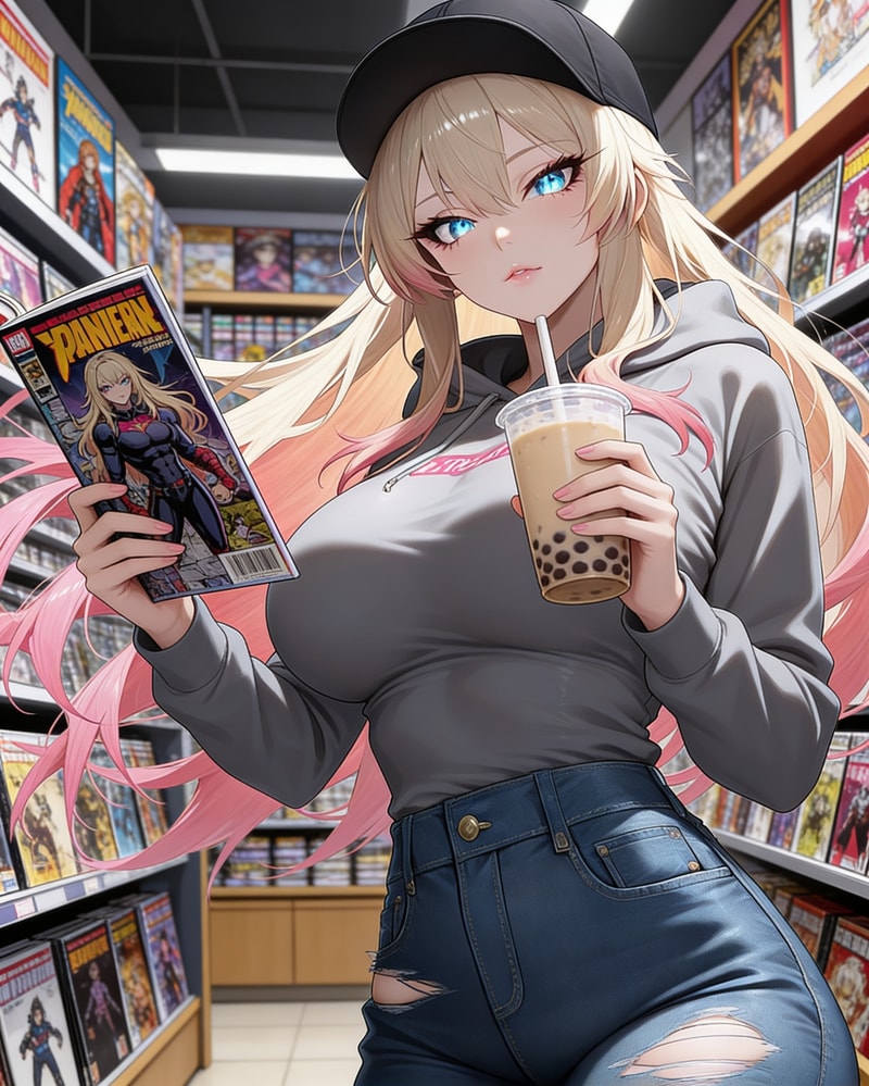Blonde anime girl with manga and bubble tea