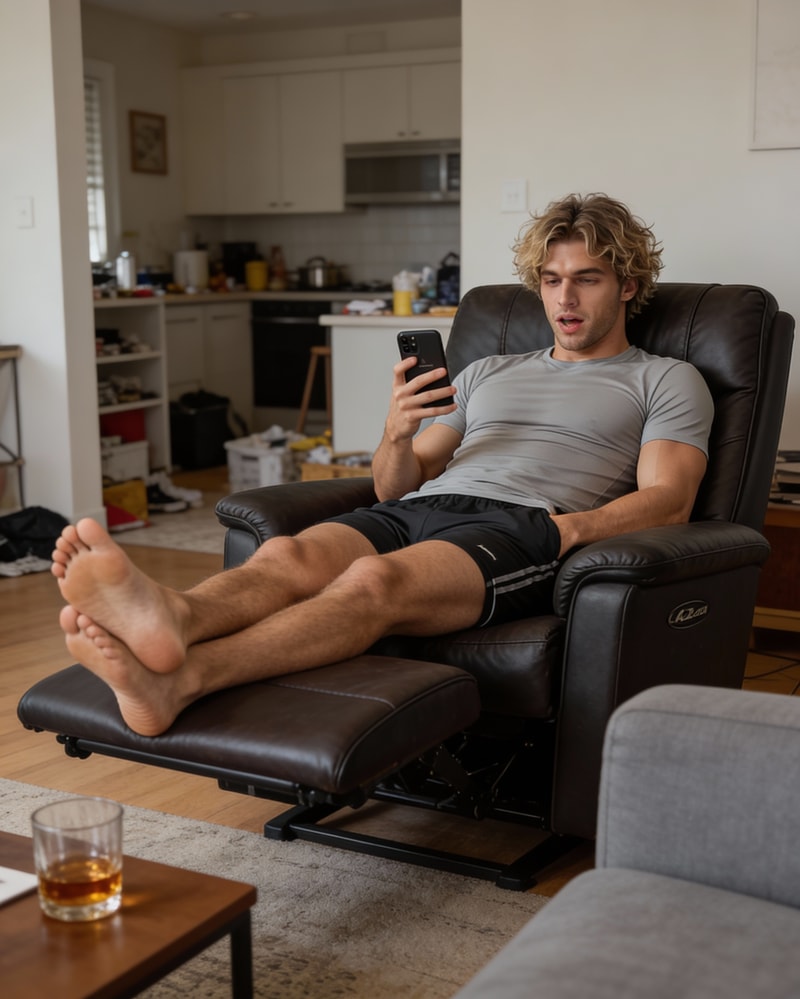 Man in recliner texting with whiskey nearby