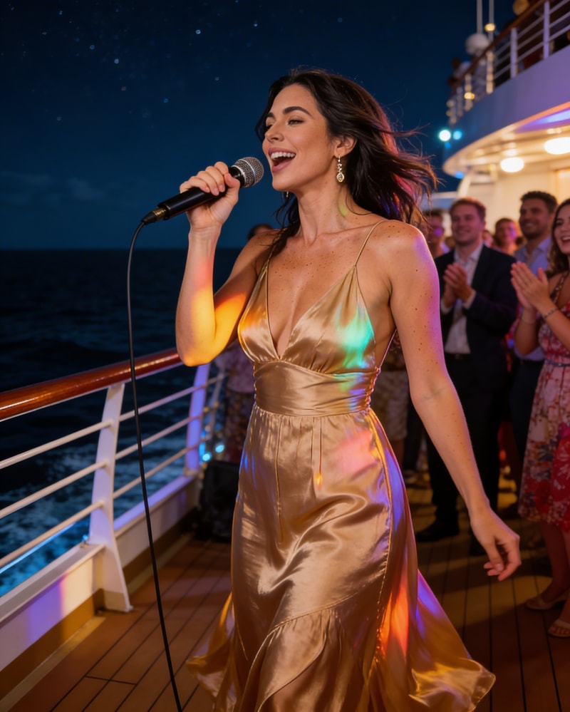 Singing in gold dress on cruise deck