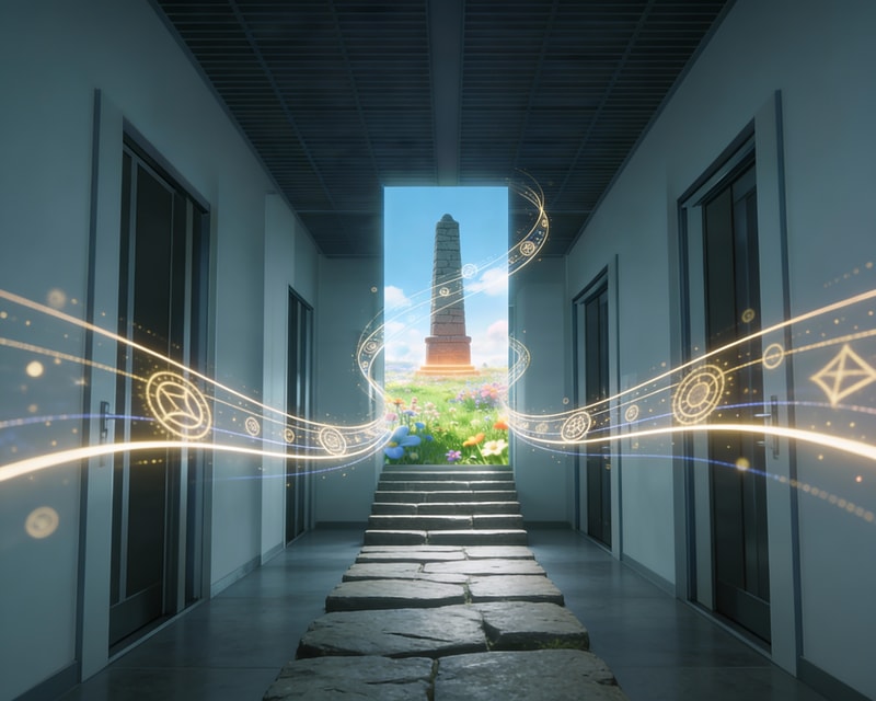 Corridor leading to monument with magical light