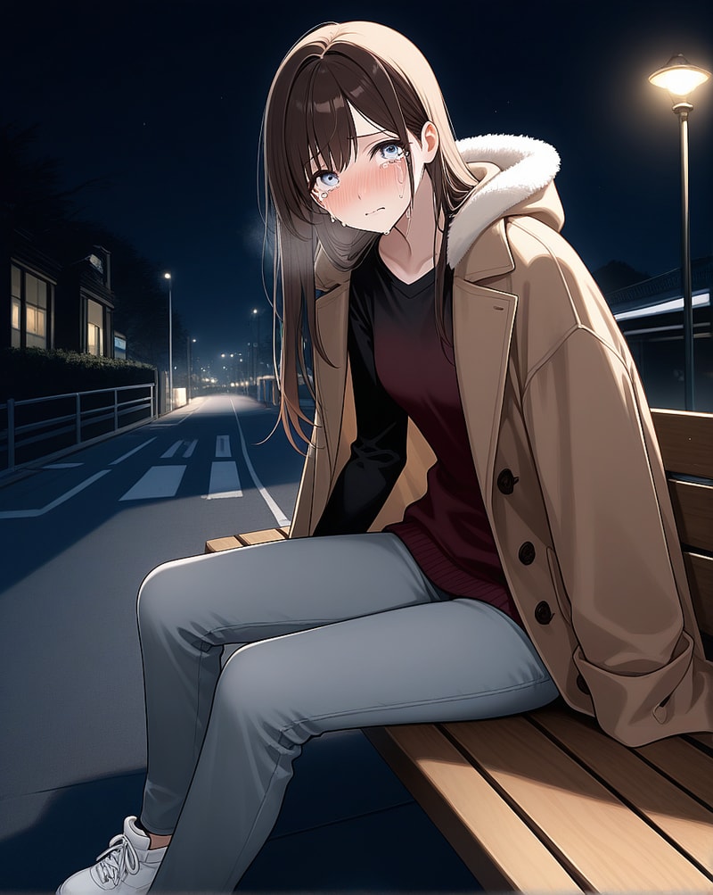 Blushing woman on bench at night