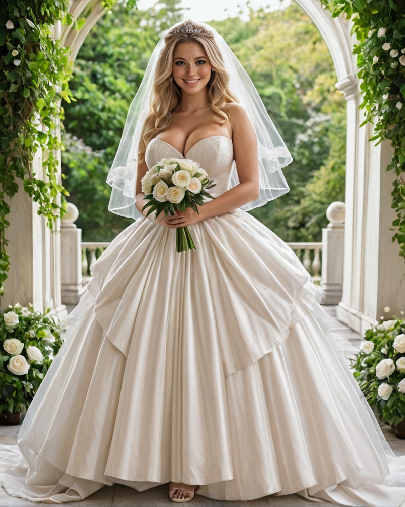 Blonde bride in white gown holding bouquet