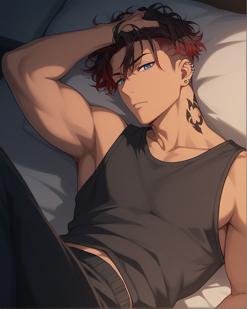 Muscular man in tank top on bed