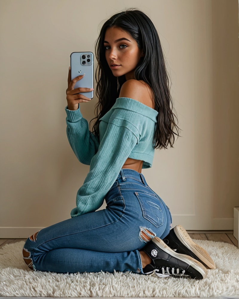 Kneeling mirror selfie in teal sweater