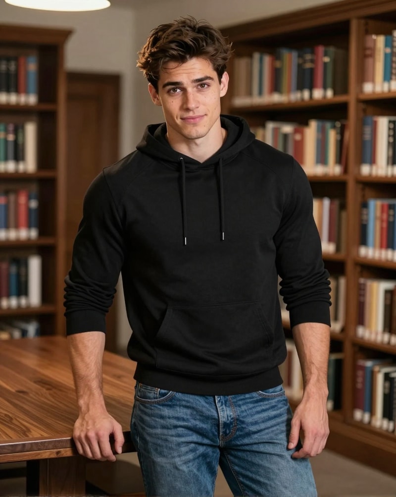 Young man in black hoodie in library