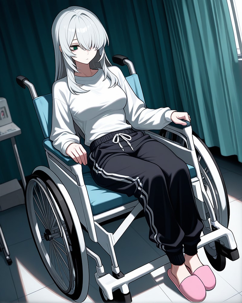 White-haired woman in wheelchair in hospital room