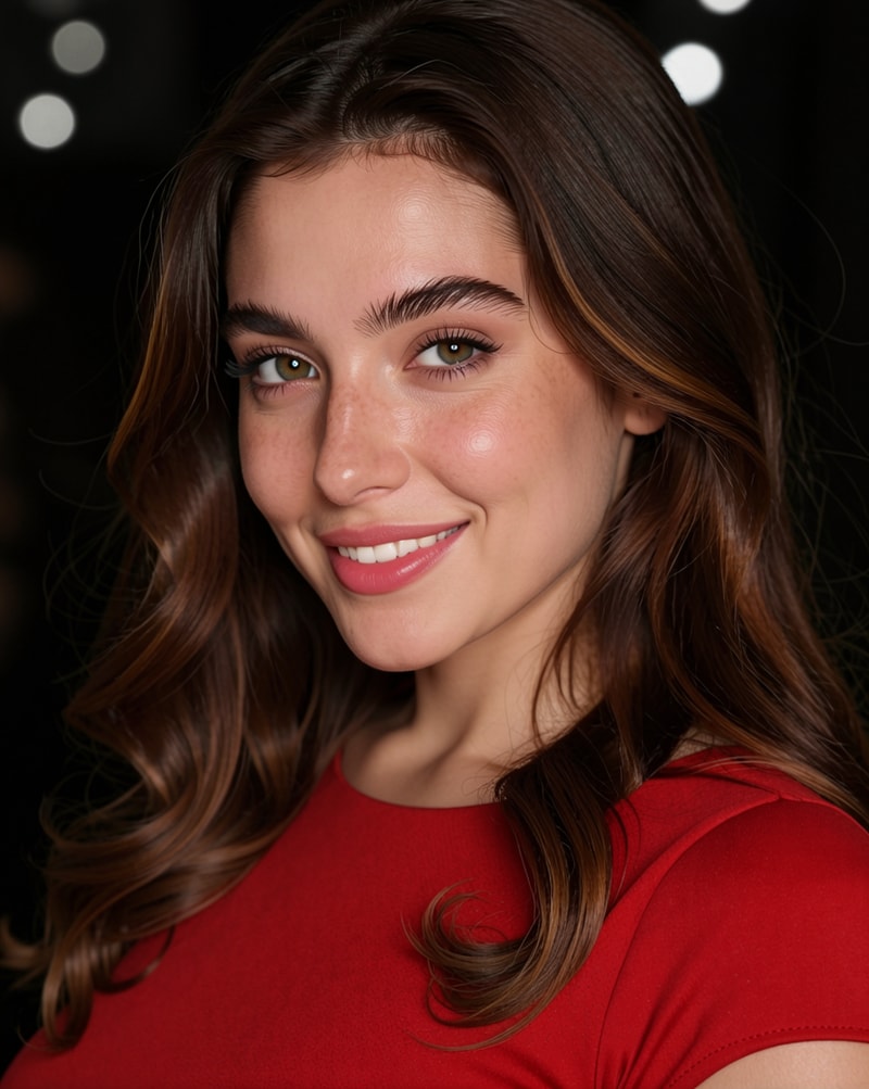 Smiling woman in red top with bokeh lights