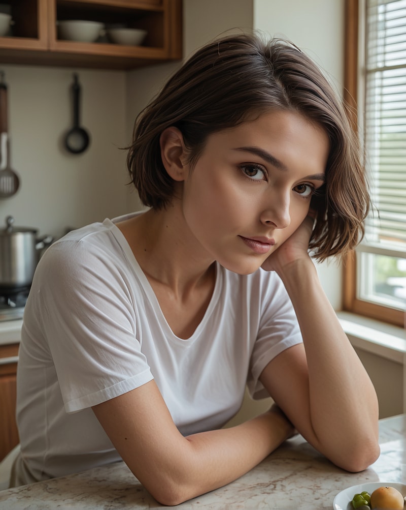 Woman in white t-shirt at kitchen counter